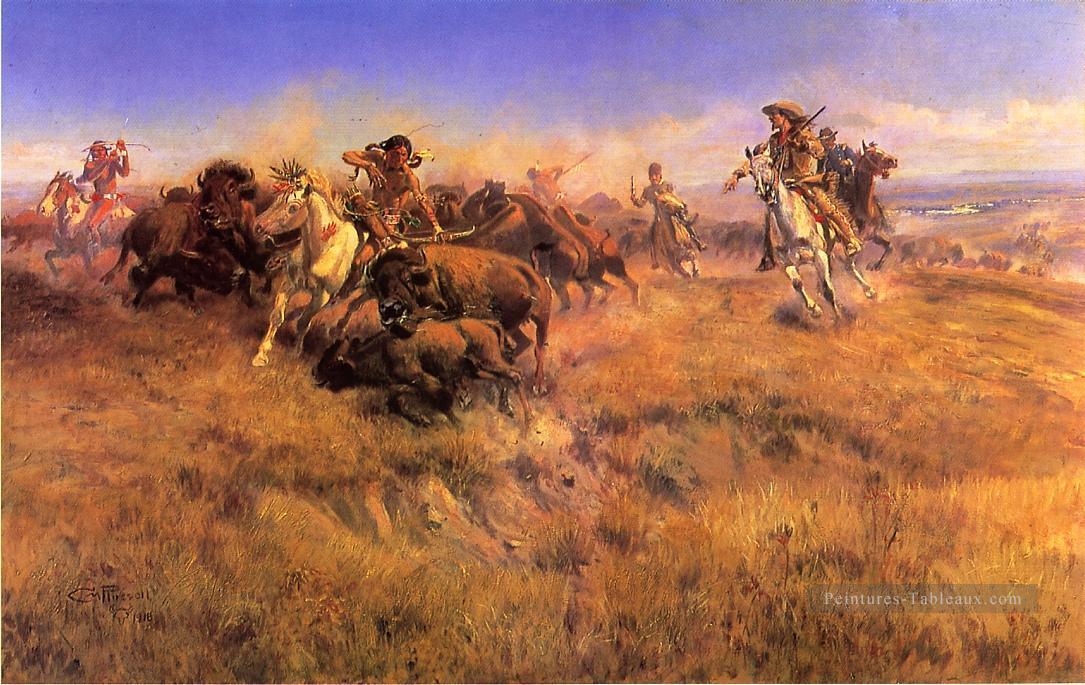 Running Buffalo cowboy Indiens Charles Marion Russell Indiana Peintures à l'huile